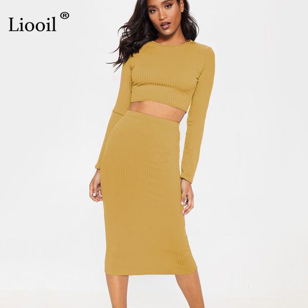 

dress knit two piece set short t shirt and midi skirt women autumn long sleeve o neck solid bodycon womens suit sets hwe5, Black;gray