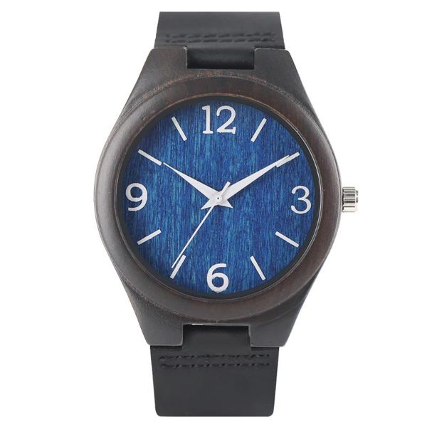 

wristwatches fashion business casual ebony wood men's watch blue dial black genuine leather wristwatch minimalist watches present for m, Slivery;brown