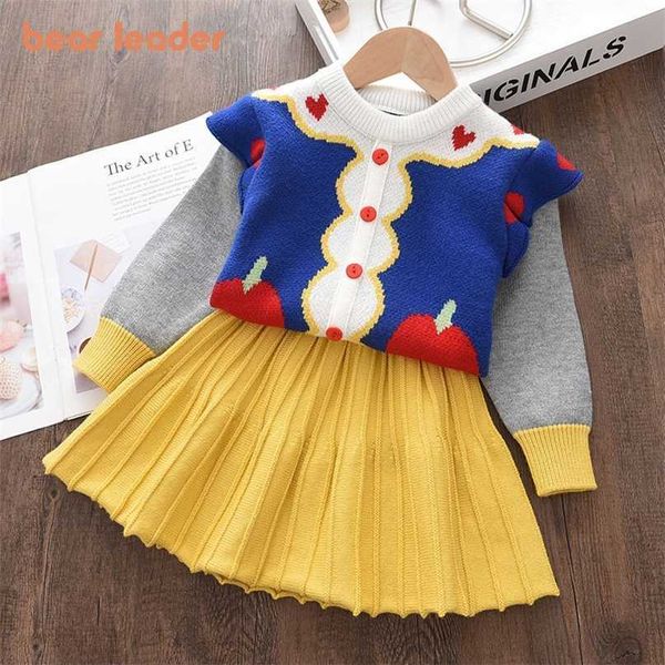 

bear leader kids knitwear suits girls baby cartoon princess sweaters coats ruffle cute dress outfits clothes sets 211104, White