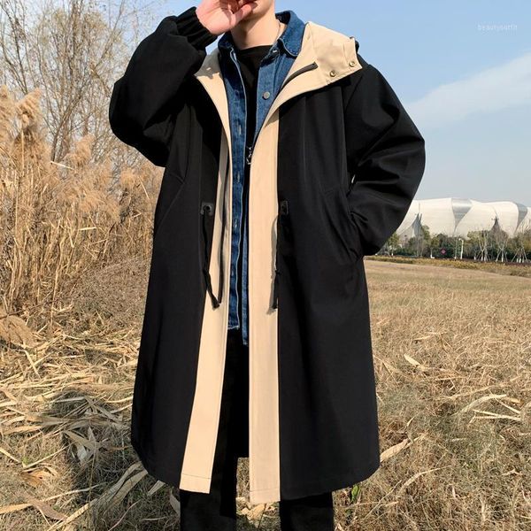 

men's trench coats oversize solid color windbreaker korean style harajuku fashion male 2021 autumn clothing, Tan;black