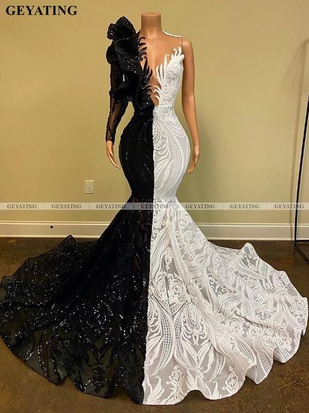 

black and white sequin girls prom dresses 2021 long sleeve mermaid african dress for women elegant formal evening gowns party, White;black