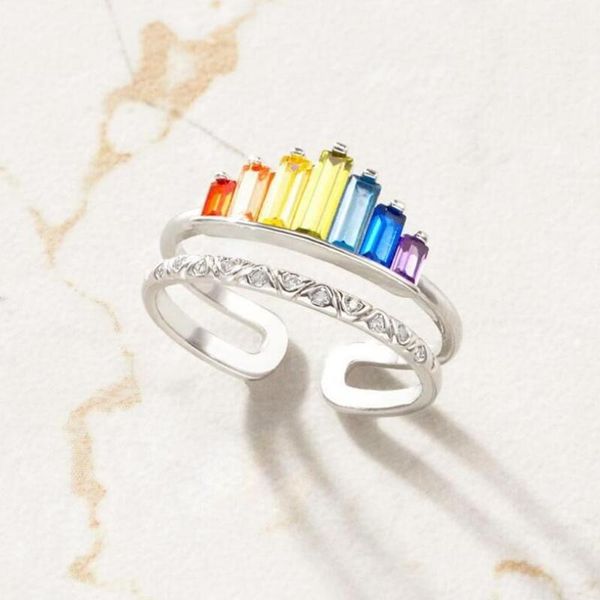 

wedding rings crown rainbow ring for women adjustable crystal birthday gift elegant female jewelry, Slivery;golden