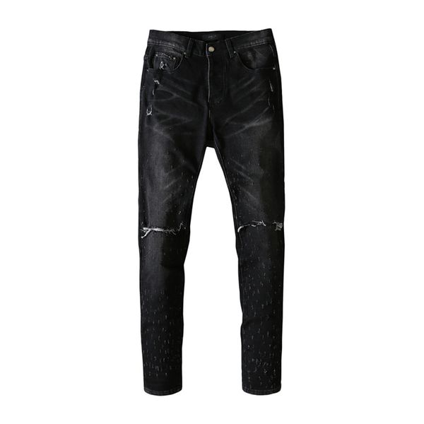 

mens women wash water jeans fashion design snowflakes cutting straight slim-cut elastic trousers streetwear distressed pants hip-hop denim, Blue