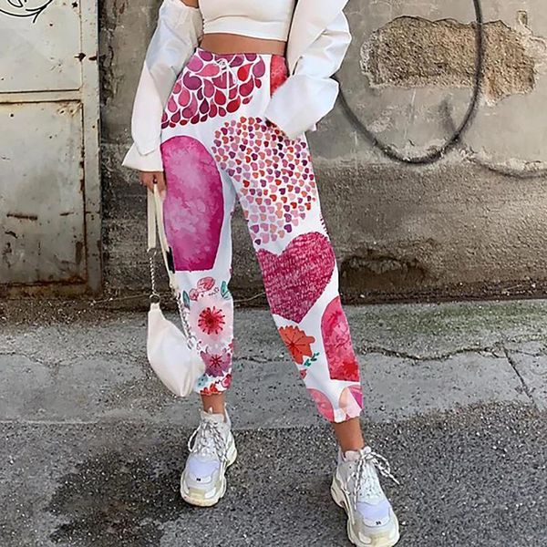 

women's pants & capris flower print long women casual sports printing elastic waist drawstring trousers pocket sweatpants streetwear, Black;white