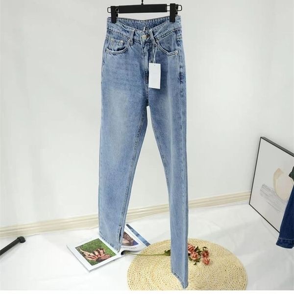 

high waist blue women jeans fashion wild split straight lady denim trousers