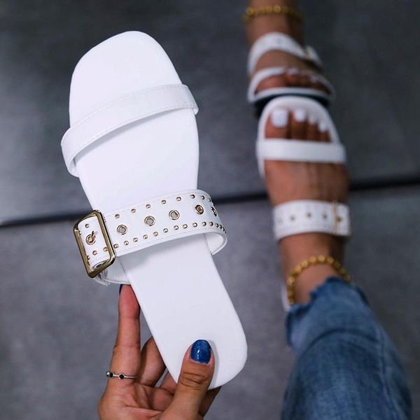 

slippers women's summer sandals shoes rivet flat-bottom wear outside the word with tide, Black