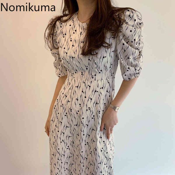 

nomikuma korea chic vintage printing dresses puff short sleeve o-neck vestidos chic lace up slim waist split women dress 6g703 210427, Black;gray