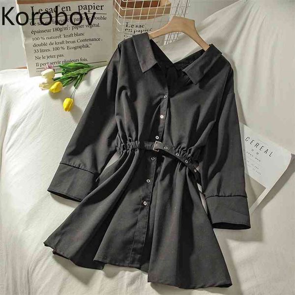 

korobov autumn new chic black dress preppy style vintage office sashes slim vestidos femme single breasted shirt dresses 210430, Black;gray