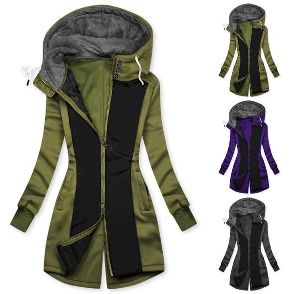 

women's trench coats winter zipper jackets women warm hoodie ring decoration patchwork coat jacket long outerwear fall veste femme, Tan;black