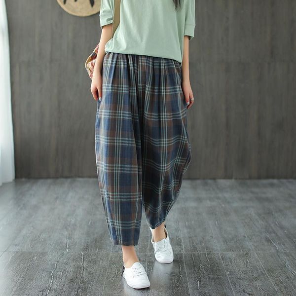 

women's jeans summer arts style women elastic waist loose plaid pants all-matched casual cotton linen ankle-length harem m206 ps09, Blue