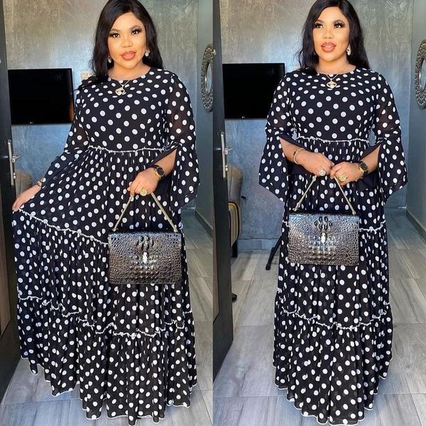 

vintage womens dress dashiki african dresses for women dot print o neck elegant flare sleeve a line spring long maxi, Black;gray