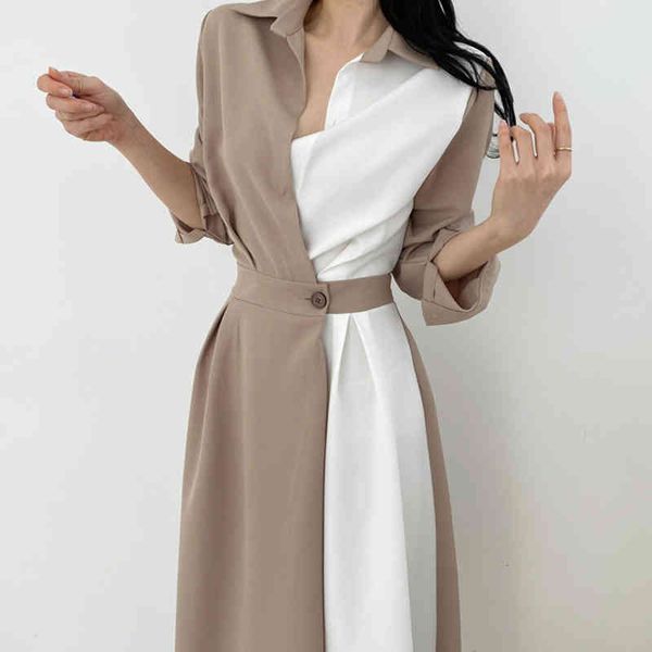 

casual dresses [ewq] korea chic summer trend women lapel single button hit color stitching fashion simple shirt dress 16e2025 khor, Black;gray