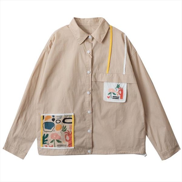 

casual cartoon patch long sleeve womens blouses cotton white khaki