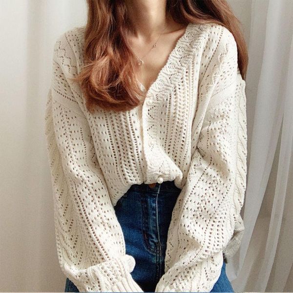 

women's knits & tees hollow out cardigan for women sweater spring and autumn loose thin outer wear lazy, White