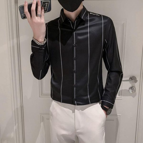 

men's casual shirts party nightclub tuxedo striped men shirt long sleeve slim clothing trend brand fashion streetwear social, White;black