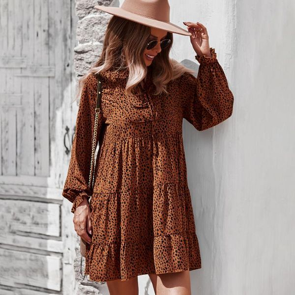 

casual dresses autumn 2021 loose waist leopard dress mini vestido v-neck lace up short frocks for women pullover long sleeve, Black;gray