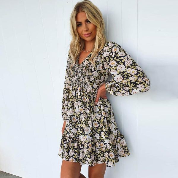 

casual dresses bohemian floral print women autumn dress vintage elastic bust a-line female 2021 lantern sleeve ladies, Black;gray