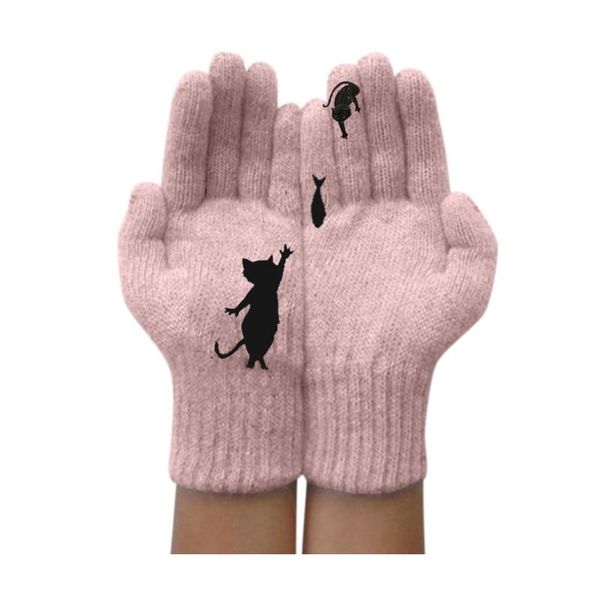 

five fingers gloves ladies fashion simple wool autumn and winter outdoor activities warm cat printing all-finger soft, Blue;gray