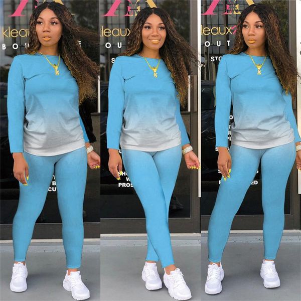 

women's tracksuits 2021 two piece set women fashion gradient print bodycon tracksuit long sleeve + biker joggers pants outfits matching, Gray
