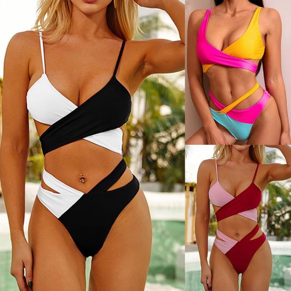 

one-piece suits womens padded push-up bra bikini set swimsuit bathing suit swimwear beachwear back cross bandeau 2021 sexy