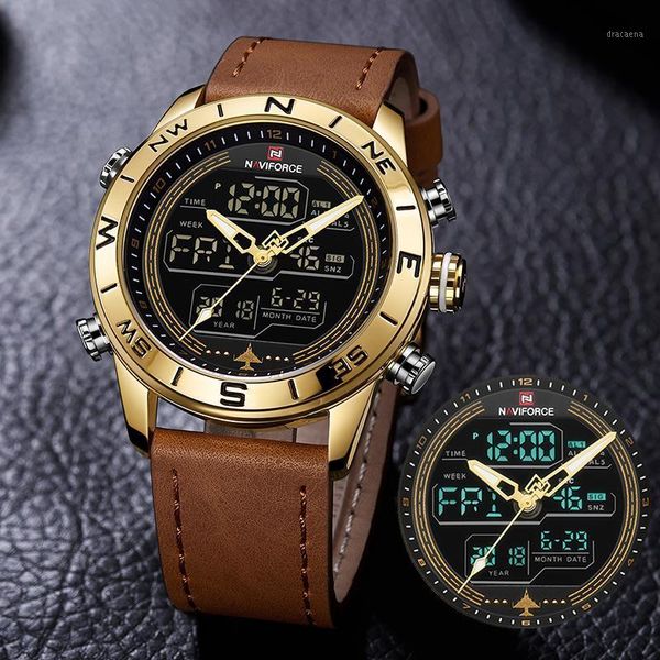 

men sport casual watch military leather mens wrist digital quartz chronograph relogio masculino wristwatches, Slivery;brown