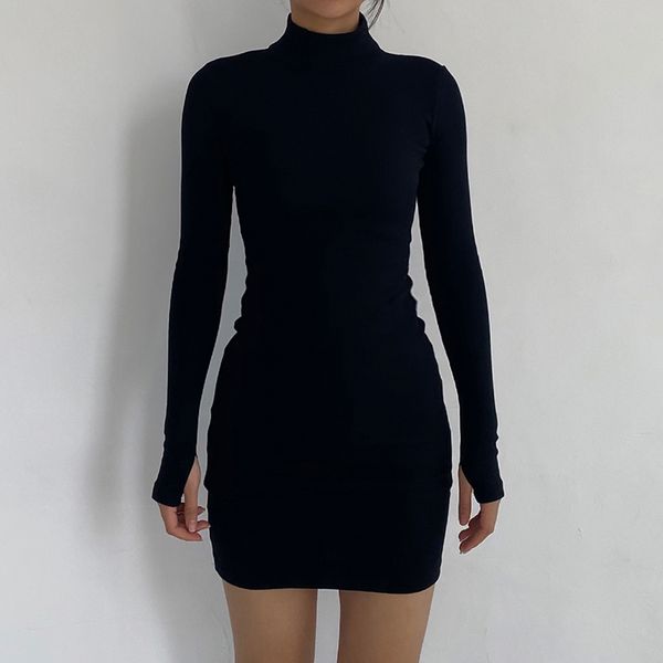 

2021dirtylily autumn fashion solid turtleneck skinny mini dress women rib knit keep warm long sleeve slim dress streetwear, Black;gray