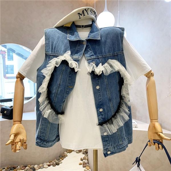 

women's vests clothing summer 2021 fashion design stitching ruffle mesh sleeveless denim vest coat, Black;white