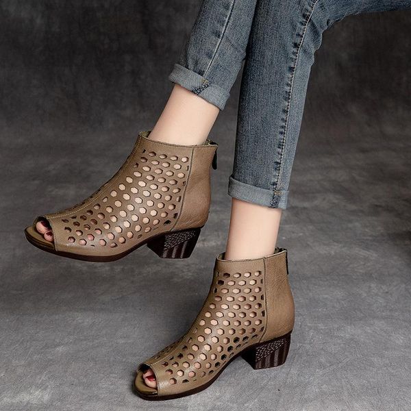 

boots summer solid color retro comfortable fish mouth thick heel women's hollow high-wear-resistant cow leather shoes, Black