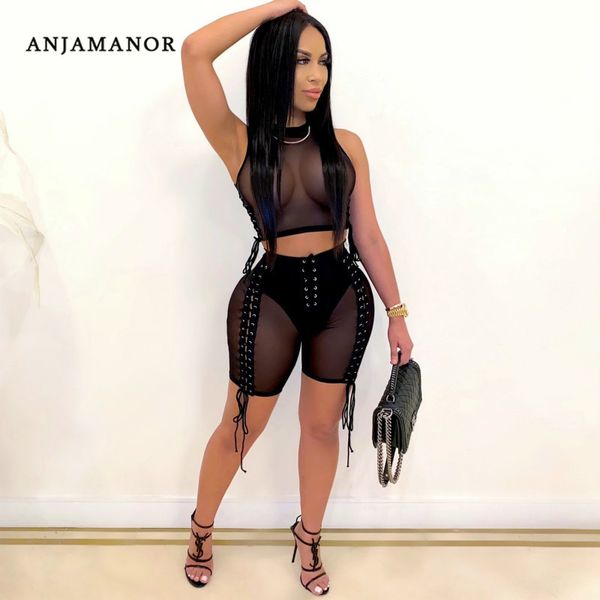 Anjamanor Sexy 2 peça Set Black Sheer Malha Crop Top Lace Up Biker Shorts Atadia Romper Jumpsuit Club Outfits D42-CH23 X0428