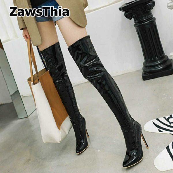 

patent pu leather female thigh high boots red white black pointed toe super thin high heels overknees boots big size 47 210611