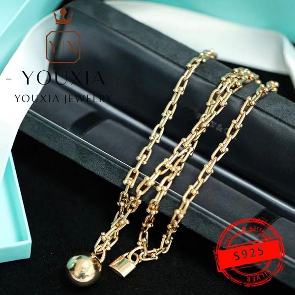 

chains 925 sterling silver necklace customized fashion trend charming double winding big golden ball with logo