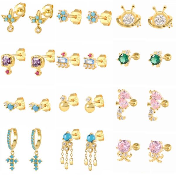 

stud canner turquoise +colored cz earring 925 sterling silver small marine life thread piercing ocs earrings for girl aretes, Golden;silver