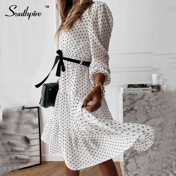 

southpire simple o-neck white polka dot party dress women long sleeve casual daily dress bohemian style chiffon vestidos clothes, Black;gray