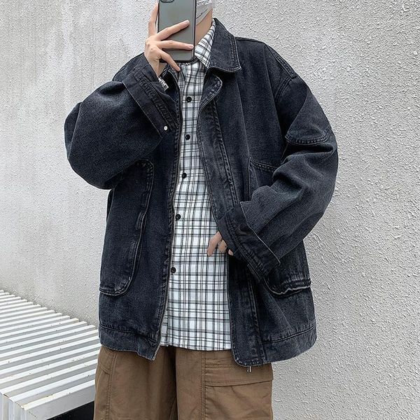 

vintage denim jackets slim fit solid color casual men clothing jeans coat fashion stand for jacket black blue ropa hombre men's, Black;brown