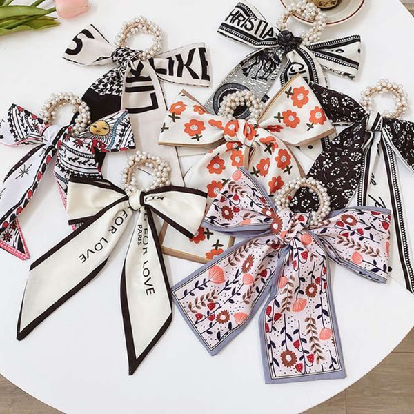 

scarf net red pearl hair circle silk hair band girls' head rope bow ribbon large intestine temperament tie rubber band, Blue;gray