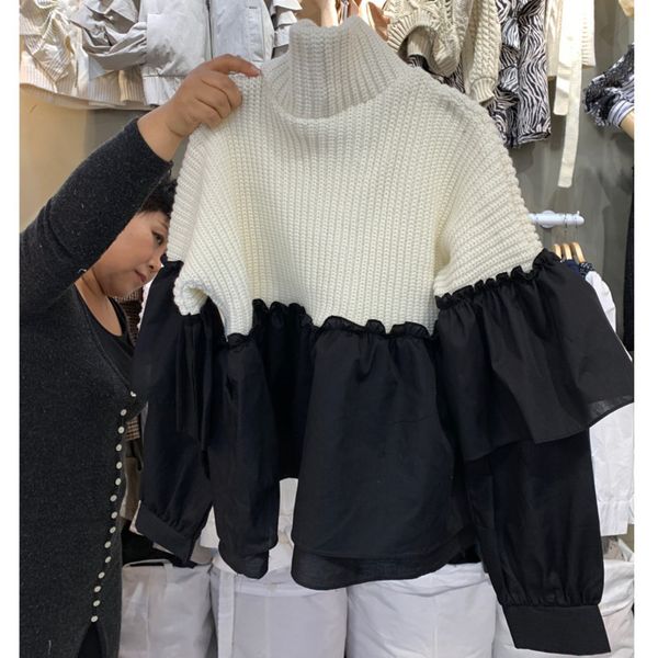 

women's sweaters [ewq] camisola feminina gola alta retalhos babados costurado malha moda senhoras pullovers s outono inverno 16e4410 gb, White;black