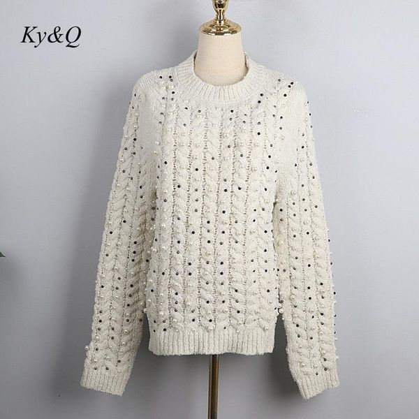 

women's sweaters autumn and winter sweater thick needle twist retro design sense loose nail pearl round neck pullover top, White;black