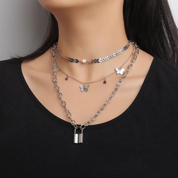 

pendant necklaces vintage fashion butterfly choker lock necklace for women temperament gold silver color layered punk jewelry