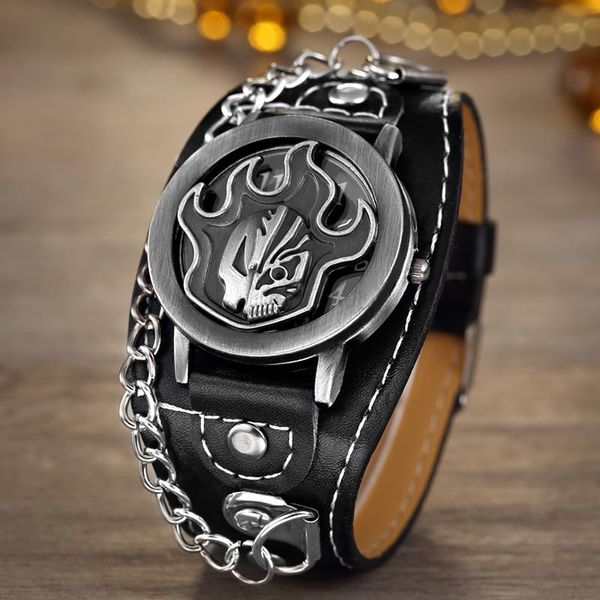 

wristwatches arrive o.t.sea brand unique skull quartz punk watches luxury leather sports watch relogio masculino 1831-8, Slivery;brown