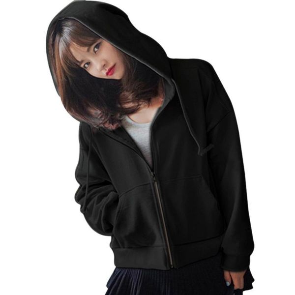 

autumn korean style youth fashion solid color hooded thin zipper jacket coat ladies casual loose mujer de moda 2021 women's hoodies &, Black
