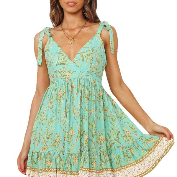 

women's dresses 2021 summer v-ne lace up print, Black;gray