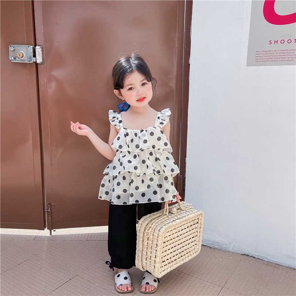 Stile coreano Summer Kids Girl Set da 2 pezzi Camicie con imbracatura a pois + Pantaloni neri anti-zanzara Abbigliamento per bambini E3035 210610