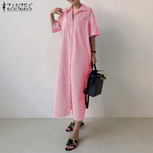

dresses plus size elegant stripe shirt dress 2021 women summer sundress split short sleeve midi vestidos female button lapel robe, Black;gray