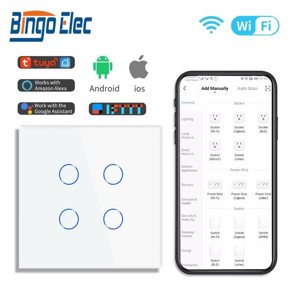 

smart home control bingoelec wifi touch switch 4 gang 1 way work with alexa google iftneutral and live wire 110v-250v