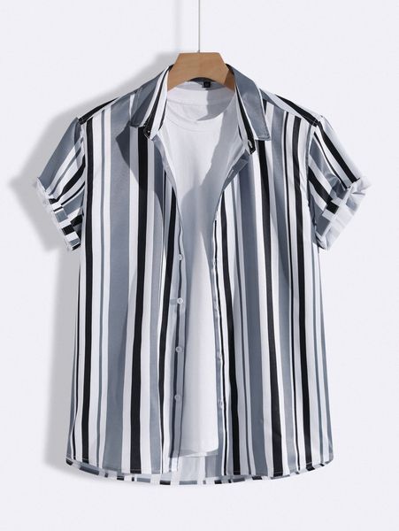 

men 1pc vertical striped button front shirt g991#, White;black
