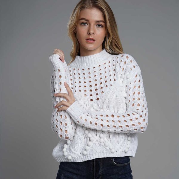 

sweater female autumn solid color loose women's sweater hollow round neck pullover women 210527, White;black