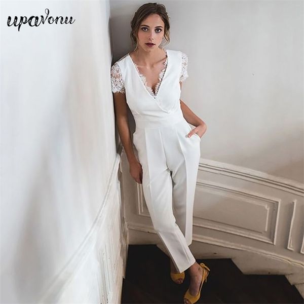 Livre Elegant White Women's Jumpsuit V-Pescoço Lace Manga Curta Slim Celebridade Clube Festa Verão 210524