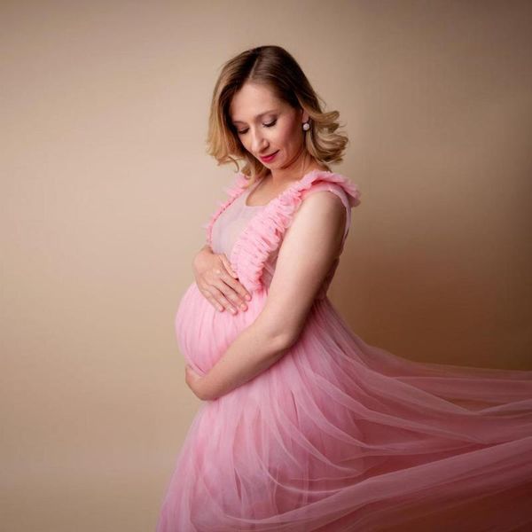 

casual dresses 2021 cute off the shoulder tulle maternity robes custom made ruffled fluffy dressing gown, Black;gray