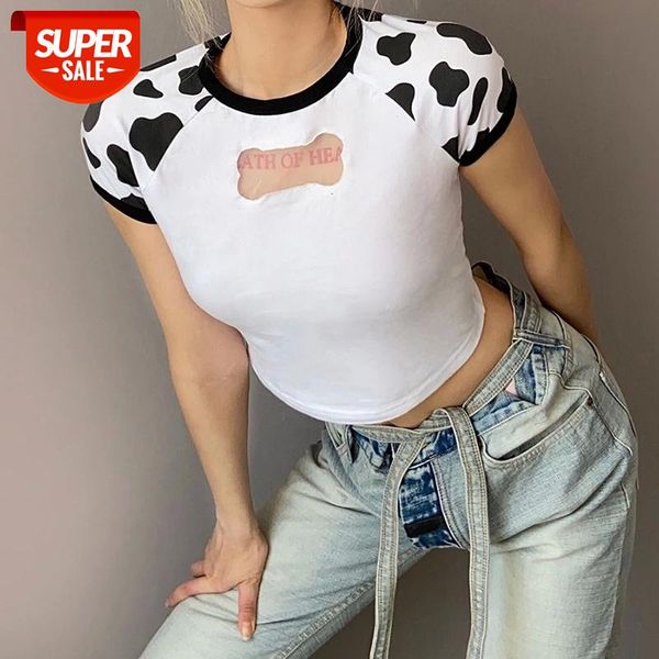 

female summer short sleeve o-neck t-shirt fashion cow print dog bones hollow slim shirt fitting casual wild base crop #8k2t, White