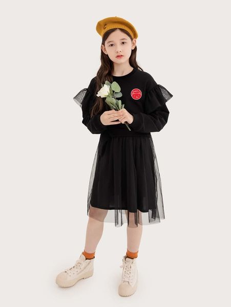 

girls letter embroidery ruffle trim dress she, Red;yellow